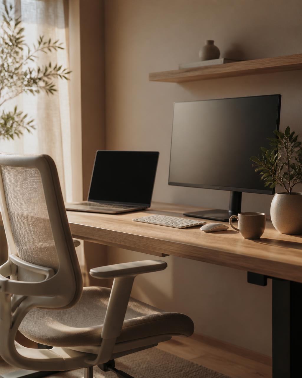 A calm desk workspace with a monitor, laptop, keyboard, and ergonomic chair in warm morning light